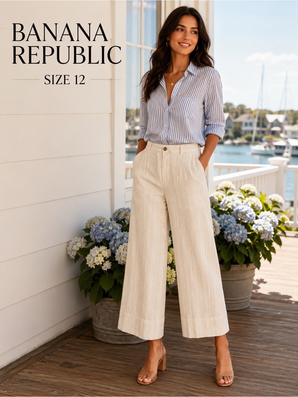 Banana Republic High Rise Wide Leg Linen Blend Crop Pants Natural Cream 12